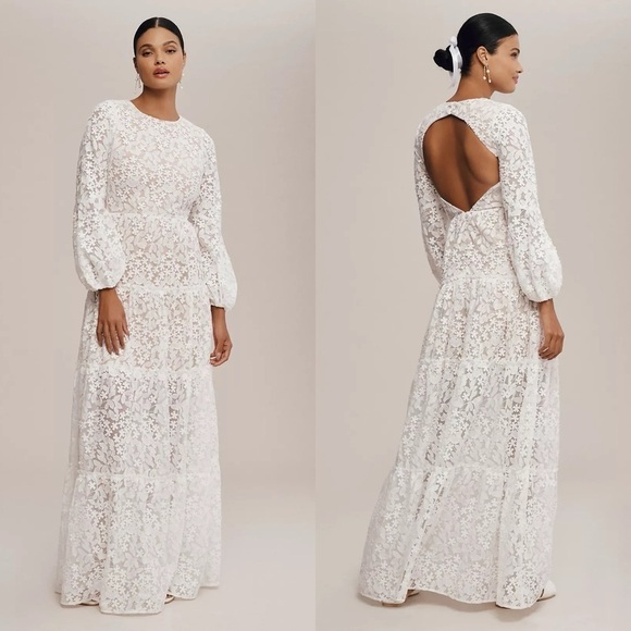 DRESS THE POPULATION White Lyra Puff-Sleeve Tiered Embroidered Gown XXS - Picture 1 of 13